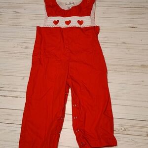 Smocked Red Romper with Heart Accents by Marie Nicole. Size 12-18 Months